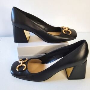 Nine West Caven Block Heel Pumps Size 12 Black Leather Square Toe Shoes Career